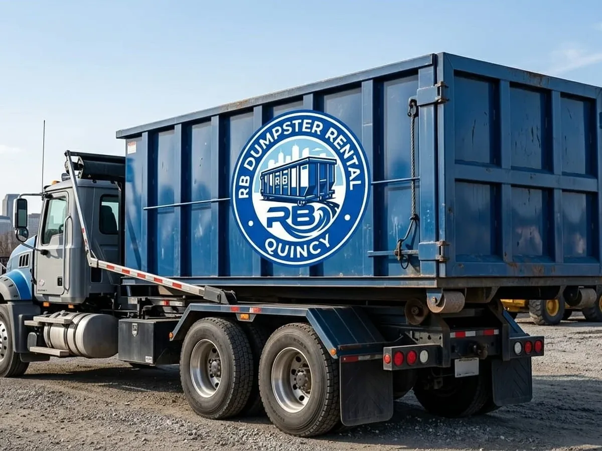 RB Dumpster Rental Quincy roll-off truck delivering a container in Quincy, IL